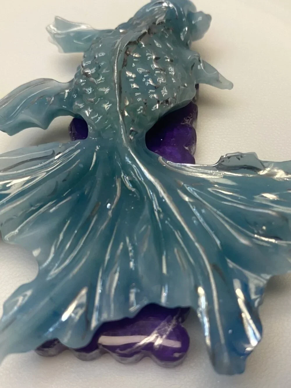 Handmade Resin Betta Koi Fish Hair Clips Trio, Sea Green Blue Purple Accents
